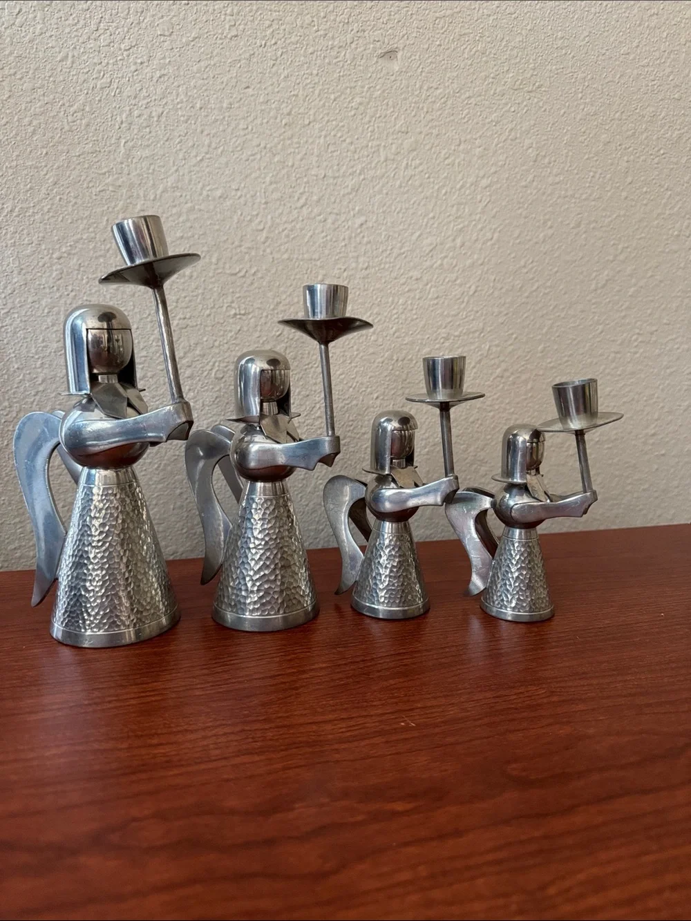 VTG MCM Retro Mod Set of 4 of Banka Tin Aluminum Metal Angel Candle Holders